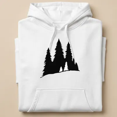 Silhouette design of pine trees in black on a white — printed on a unisex hoodie