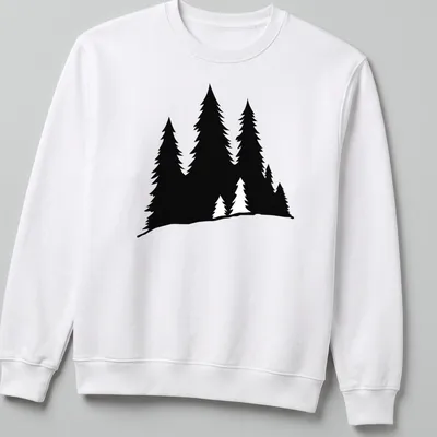 Silhouette design of pine trees in black on a white — printed on a unisex sweatshirt