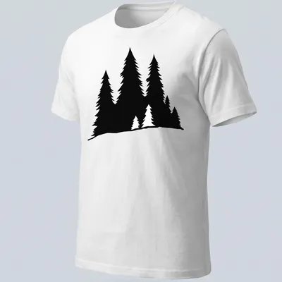Silhouette design of pine trees in black on a white t-shirt