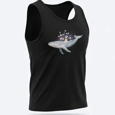 Watercolor design of a whale near a cottage garden in blue, white, yellow, purple, and pink — printed on a tank top