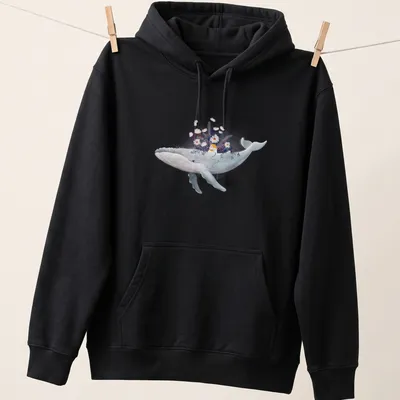 Watercolor design of a whale near a cottage garden in blue, white, yellow, purple, and pink — printed on a unisex hoodie