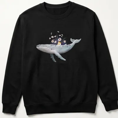 Watercolor design of a whale near a cottage garden in blue, white, yellow, purple, and pink — printed on a unisex sweatshirt