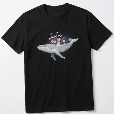 Watercolor design of a whale near a cottage garden in blue, white, yellow, purple, and pink
