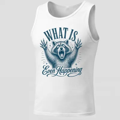 Vintage illustration of a confused raccoon with the text What Is Even Happening — printed on a tank top