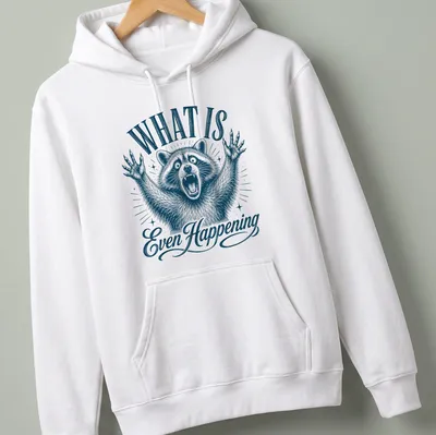 Vintage illustration of a confused raccoon with the text What Is Even Happening — printed on a unisex hoodie