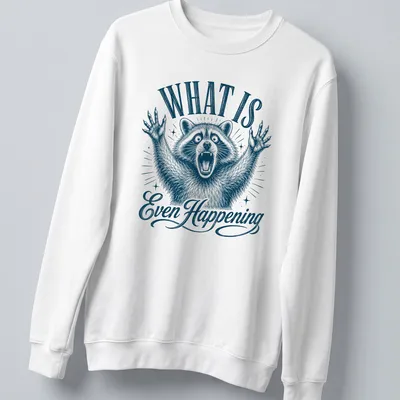 Vintage illustration of a confused raccoon with the text What Is Even Happening — printed on a unisex sweatshirt