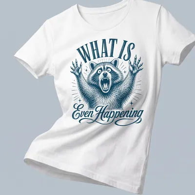 Vintage illustration of a confused raccoon with the text What Is Even Happening — printed on a women's shirt
