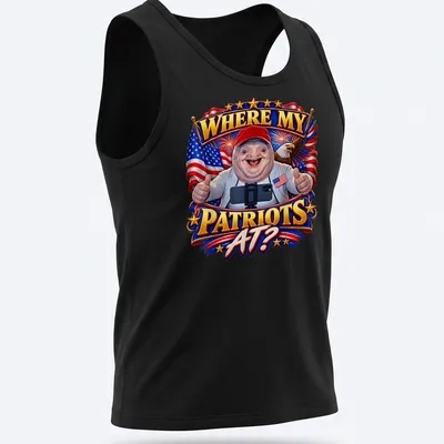 Colorful cartoon sloth meme shirt with the phrase WHERE MY PATRIOTS AT? — printed on a tank top