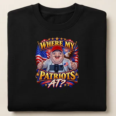 Colorful cartoon sloth meme shirt with the phrase WHERE MY PATRIOTS AT? — printed on a unisex sweatshirt