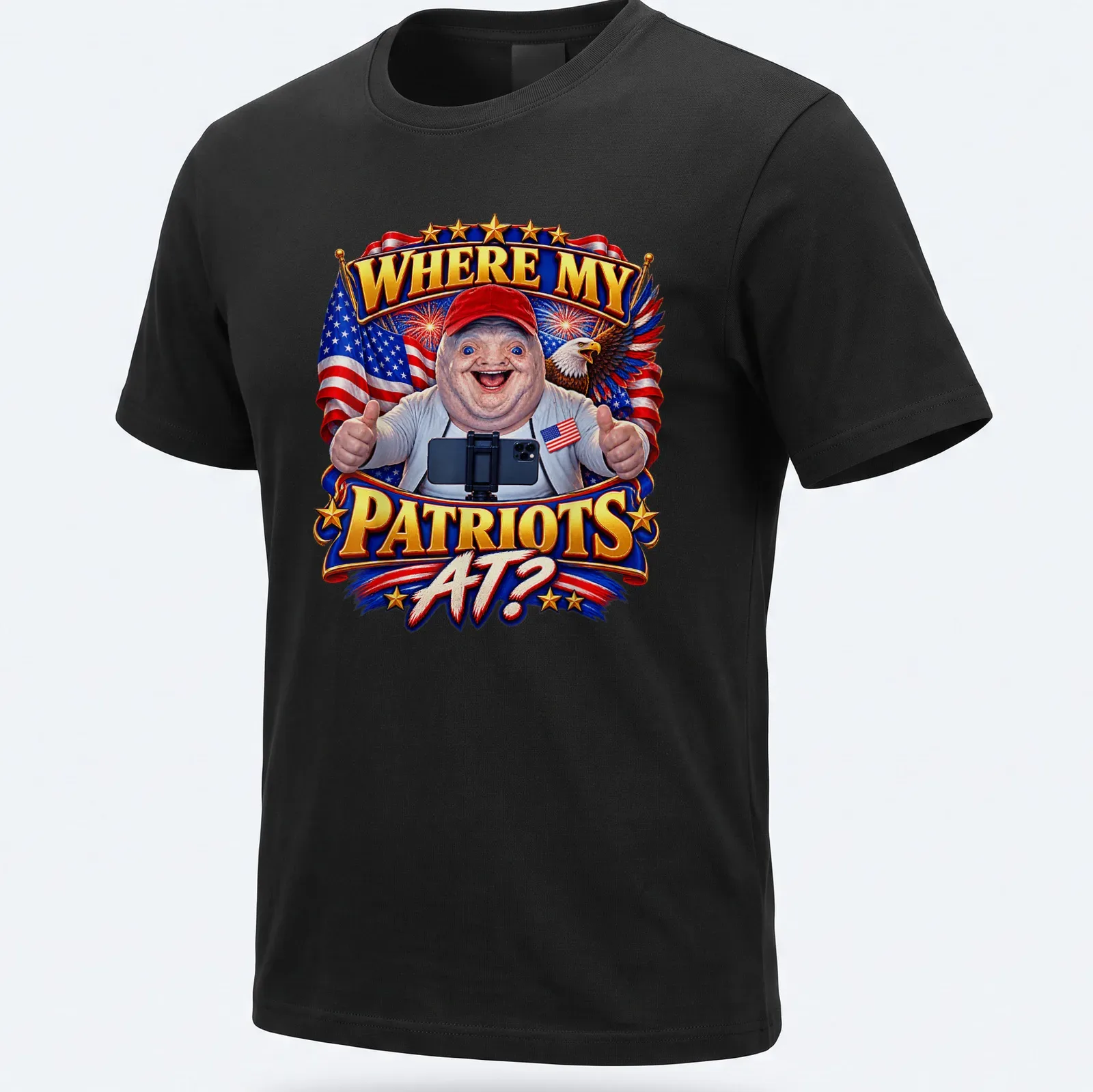 Colorful cartoon sloth meme shirt with the phrase WHERE MY PATRIOTS AT? — printed on a unisex t-shirt
