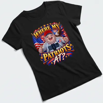 Colorful cartoon sloth meme shirt with the phrase WHERE MY PATRIOTS AT? — printed on a women's shirt