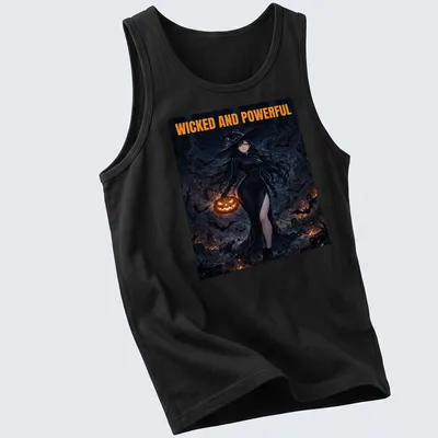 Anime style witch queen holding a pumpkin with bold text above — printed on a tank top