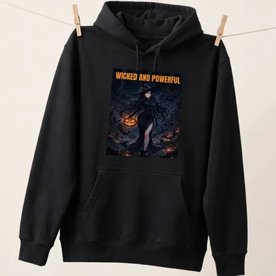 Anime style witch queen holding a pumpkin with bold text above — printed on a unisex hoodie