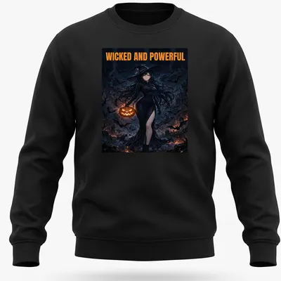 Anime style witch queen holding a pumpkin with bold text above — printed on a unisex sweatshirt
