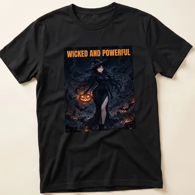 Anime style witch queen holding a pumpkin with bold text above