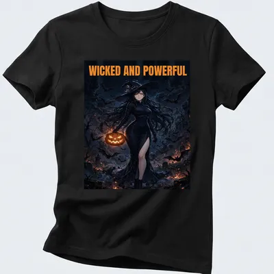 Anime style witch queen holding a pumpkin with bold text above — printed on a women's shirt