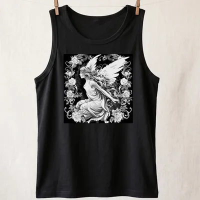 Black and white illustration of a winged fairy woman surrounded by roses. — printed on a tank top
