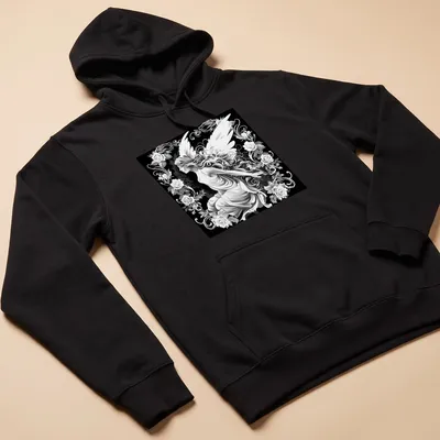 Black and white illustration of a winged fairy woman surrounded by roses. — printed on a unisex hoodie