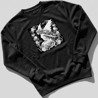 Black and white illustration of a winged fairy woman surrounded by roses. — printed on a unisex sweatshirt