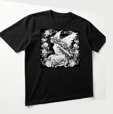 Black and white illustration of a winged fairy woman surrounded by roses. — printed on a unisex t-shirt (angled view)