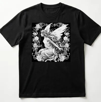 Black and white illustration of a winged fairy woman surrounded by roses.