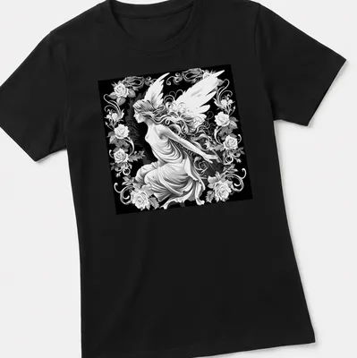 Black and white illustration of a winged fairy woman surrounded by roses. — printed on a women's shirt
