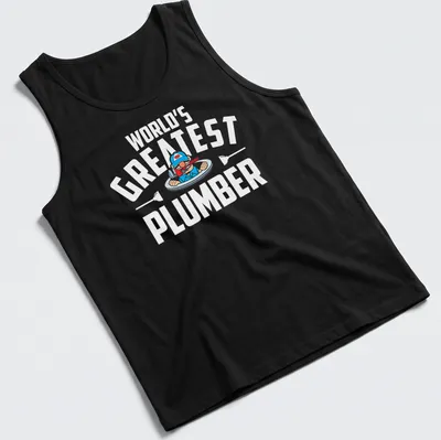 Cartoon plumber character with text World's Greatest Plumber in bold letters — printed on a tank top