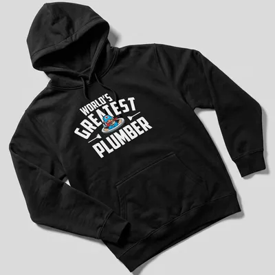 Cartoon plumber character with text World's Greatest Plumber in bold letters — printed on a unisex hoodie