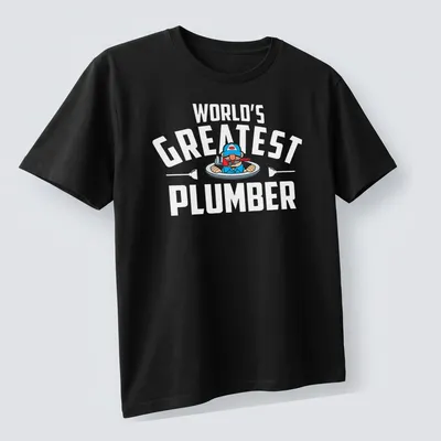 Cartoon plumber character with text World's Greatest Plumber in bold letters — printed on a unisex t-shirt (angled view)