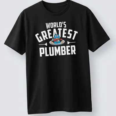 Cartoon plumber character with text World's Greatest Plumber in bold letters