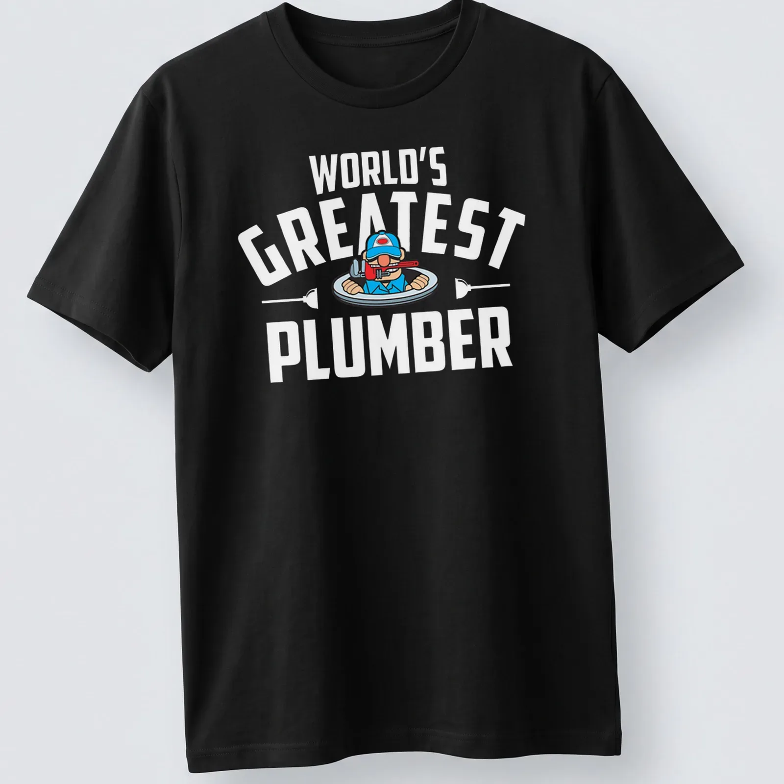Cartoon plumber character with text World's Greatest Plumber in bold letters — printed on a unisex t-shirt