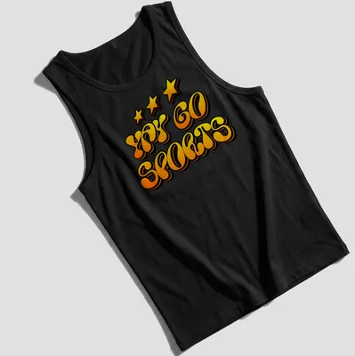 Yellow retro t-shirt with bold 'Yay Go Sports!' text and stars — printed on a tank top