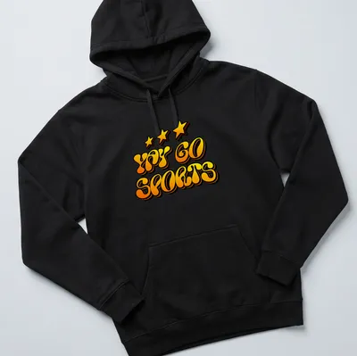 Yellow retro t-shirt with bold 'Yay Go Sports!' text and stars — printed on a unisex hoodie