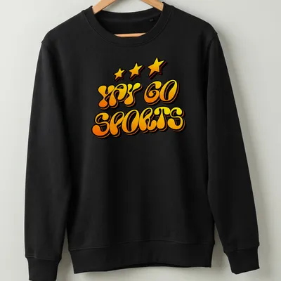 Yellow retro t-shirt with bold 'Yay Go Sports!' text and stars — printed on a unisex sweatshirt