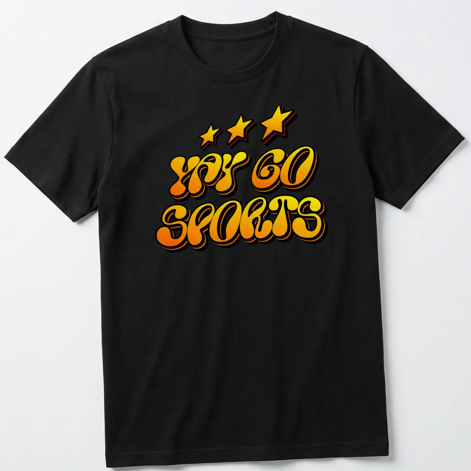 Yellow retro t-shirt with bold 'Yay Go Sports!' text and stars — printed on a unisex t-shirt