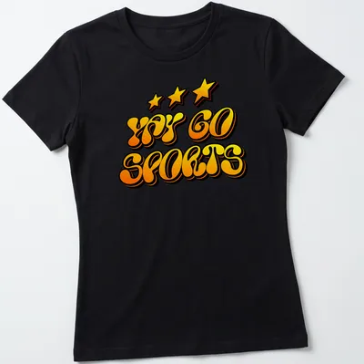Yellow retro t-shirt with bold 'Yay Go Sports!' text and stars — printed on a women's shirt