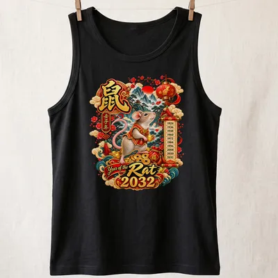 Detailed illustration of a mouse in traditional clothing with vibrant colors for Year of the Rat 2032 — printed on a tank top