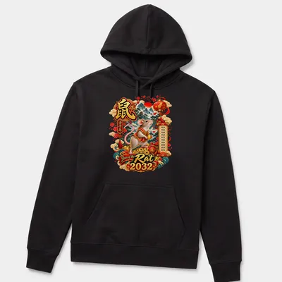 Detailed illustration of a mouse in traditional clothing with vibrant colors for Year of the Rat 2032 — printed on a unisex hoodie