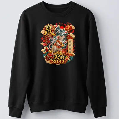 Detailed illustration of a mouse in traditional clothing with vibrant colors for Year of the Rat 2032 — printed on a unisex sweatshirt