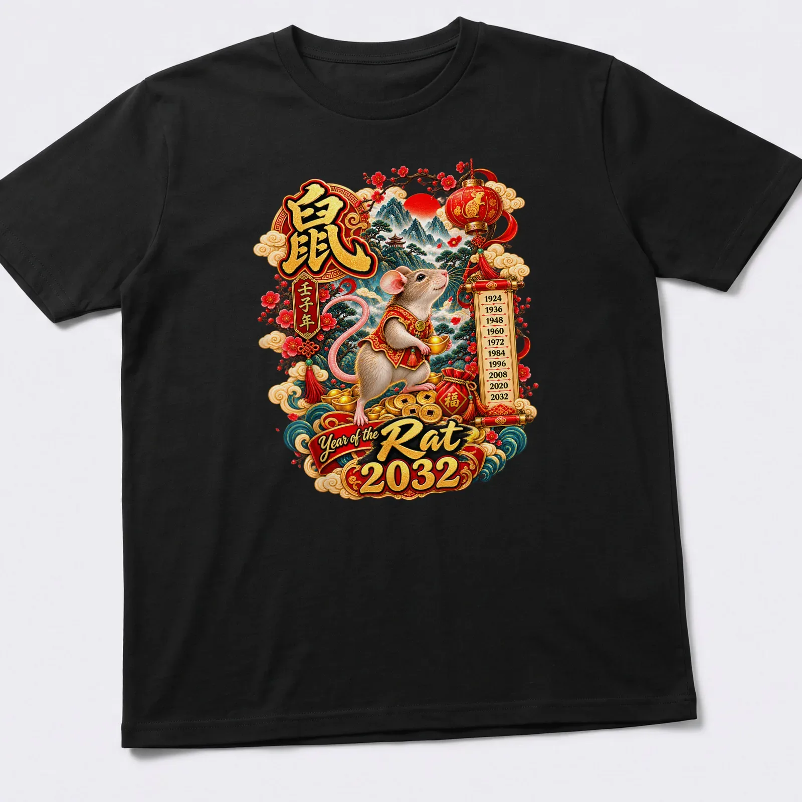 Detailed illustration of a mouse in traditional clothing with vibrant colors for Year of the Rat 2032 — printed on a unisex t-shirt