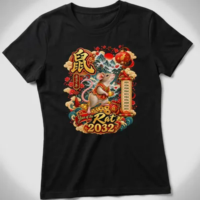 Detailed illustration of a mouse in traditional clothing with vibrant colors for Year of the Rat 2032 — printed on a women's shirt