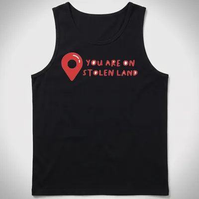 Bold text design on a shirt with a map pin graphic, red and white colors — printed on a tank top