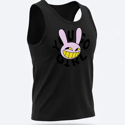 Cartoon bunny character with the text 'YOU GO GIRL' in pink and yellow — printed on a tank top
