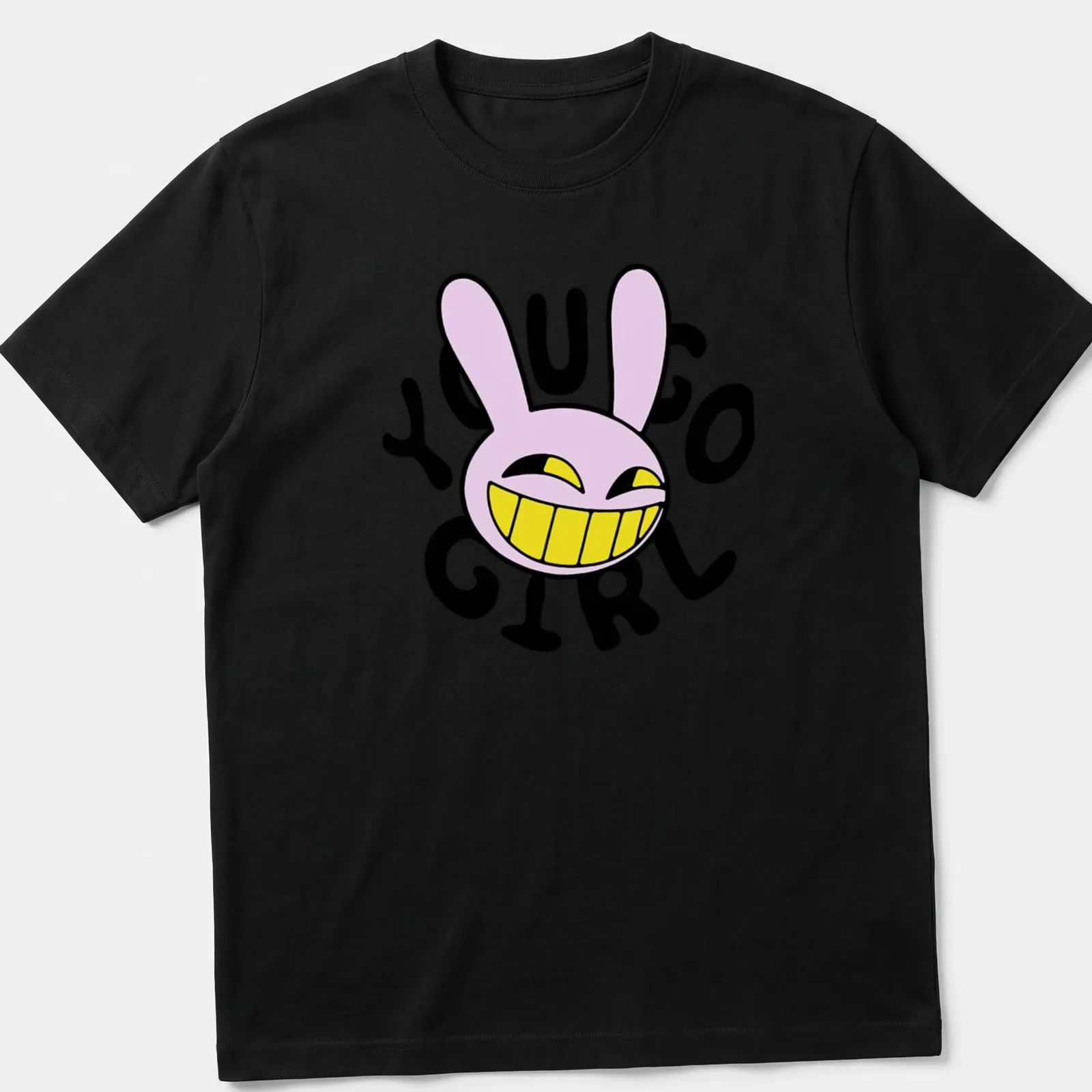 Cartoon bunny character with the text 'YOU GO GIRL' in pink and yellow — printed on a unisex t-shirt