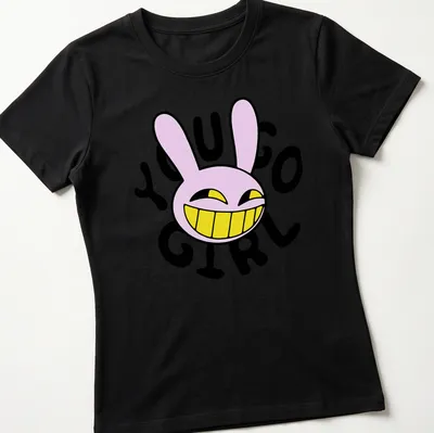 Cartoon bunny character with the text 'YOU GO GIRL' in pink and yellow — printed on a women's shirt