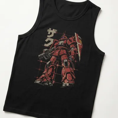 Vintage Zaku robot illustration in red, gold, and white with the text 'ザク' — printed on a tank top