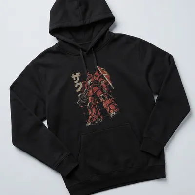 Vintage Zaku robot illustration in red, gold, and white with the text 'ザク' — printed on a unisex hoodie