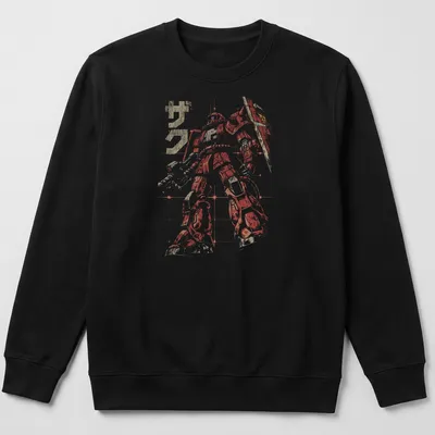 Vintage Zaku robot illustration in red, gold, and white with the text 'ザク' — printed on a unisex sweatshirt