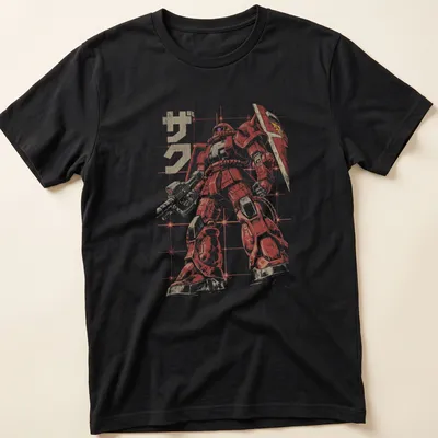 Vintage Zaku robot illustration in red, gold, and white with the text 'ザク'