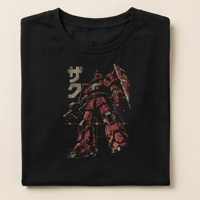 Vintage Zaku robot illustration in red, gold, and white with the text 'ザク' — printed on a women's shirt